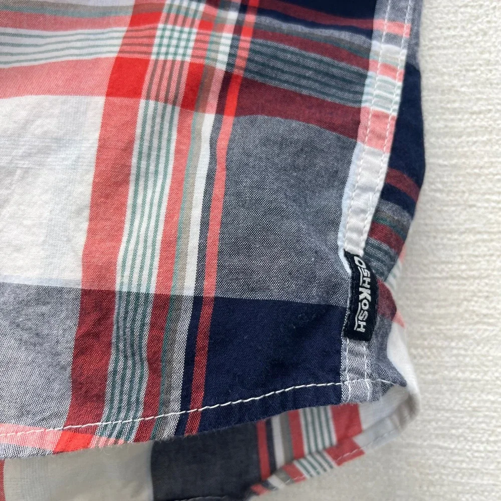 OshKosh Bgosh Plaid Button Down Shirt Boys 6 Red Navy Blue Long Sleeve Pockets